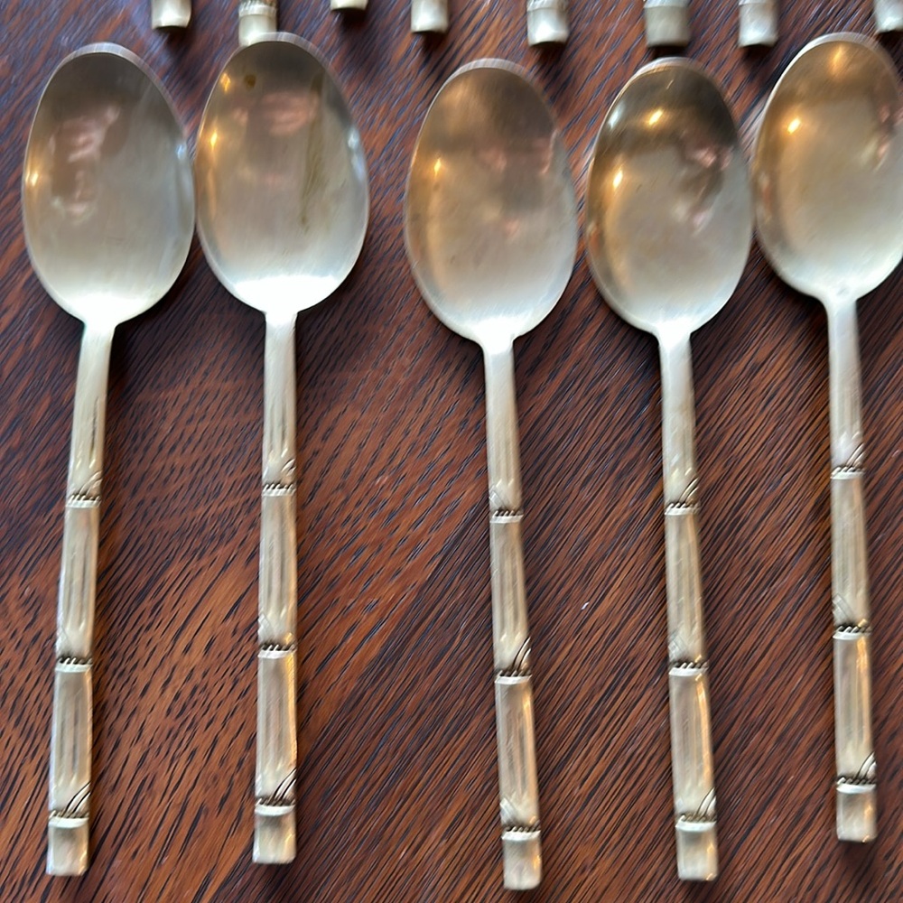 🇹🇭 17 pieces of flatware I bought in Thailand. Nickel Bronze. Brass color bamboo - Picture 3 of 11